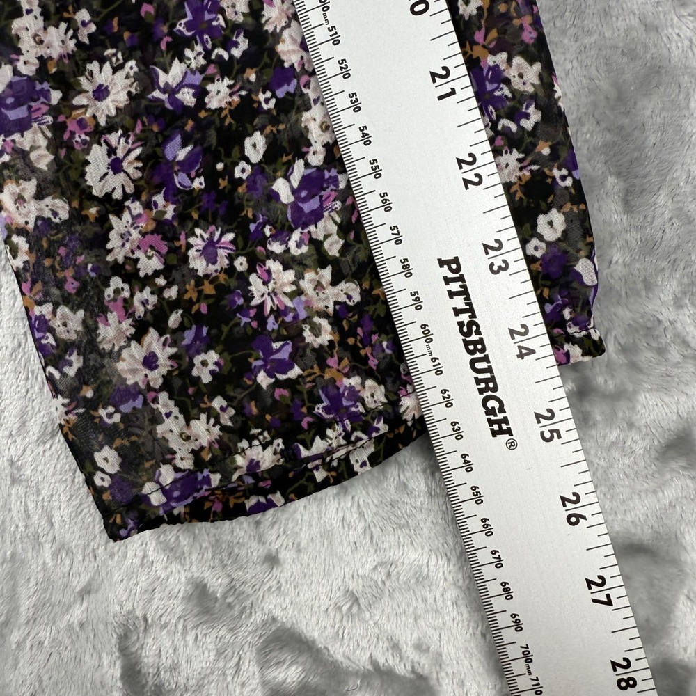 American Rag Floral Smocked Blouse Purple White Chiffon Square Neck BOHO Large - Picture 7 of 14